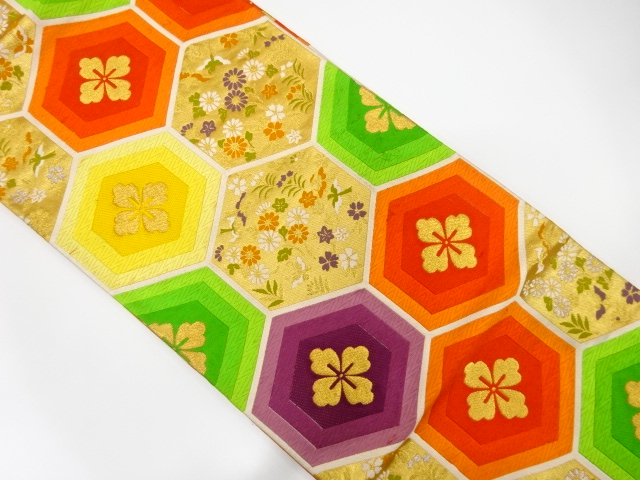 アンティーク　亀甲に花鳥模様織り出し袋帯（着用可）